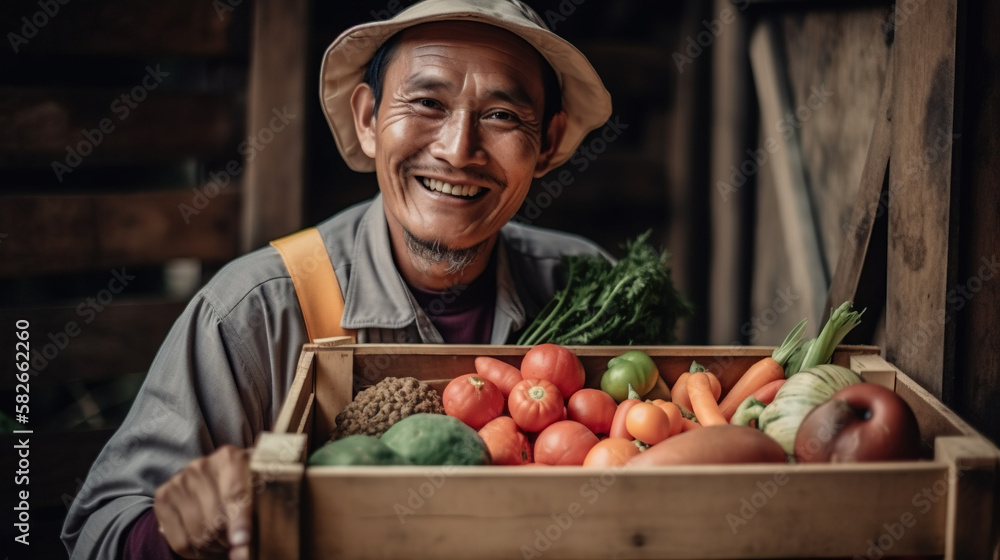 Fototapeta premium A Asian man holds a crate of vegetables from a farm. Generative AI