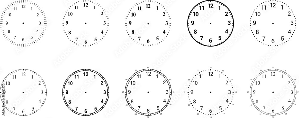 Fototapeta premium Mechanical clock faces with arabic numerals, bezel. Timer or stopwatch element. Vector illustration
