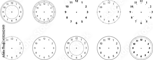 Mechanical clock faces with arabic numerals, bezel. Timer or stopwatch element. Vector illustration