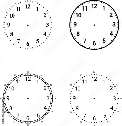 Mechanical clock faces with arabic numerals, bezel. Timer or stopwatch element. Vector illustration