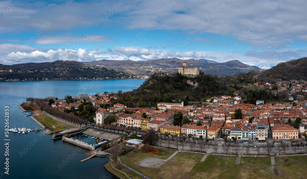 view of Angera and the Borromeo Castle on the shores of Lake Maggiore