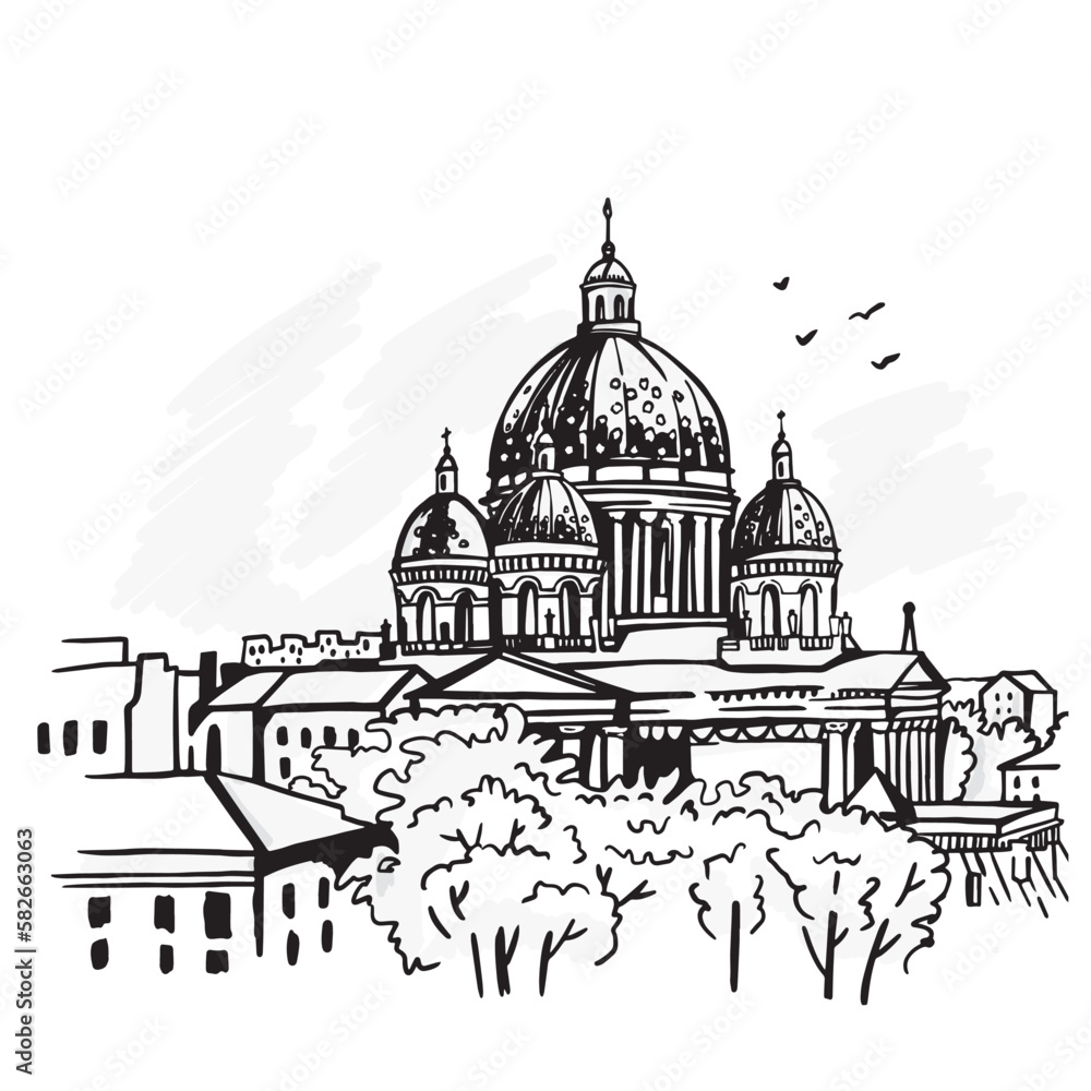 Trinity cathedral in St. petersburg black and white graphic sketch