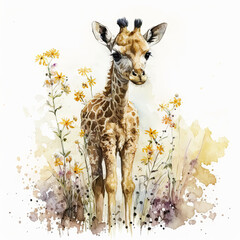 Acrylglasbilder Safari-Tiere in Aquarell Watercolor painting of a cute baby giraffe on a blooming meadow. generative ai. Baby giraffe. Aquarelle illustration  © Aquir