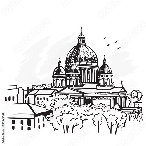 Trinity cathedral in St. petersburg black and white graphic sketch