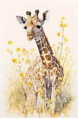 Acrylglasbilder Safari-Tiere in Aquarell Watercolor painting of a cute baby giraffe on a blooming meadow. generative ai. Baby giraffe. Aquarelle illustration  © Aquir