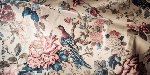 Chintz fabric with delicate exotic design. Created with Generative AI.