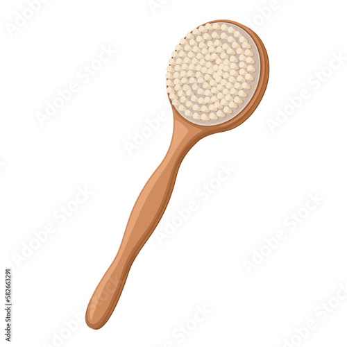 Bamboo massage brush vector illustration. Cartoon isolated ecological tool for dry or wet beauty massage with natural scrub or coffee in bath, zero waste reusable wooden accessory to care body skin