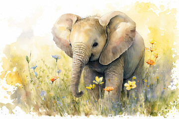 Acrylglasbilder Safari-Tiere in Aquarell Watercolor painting of a cute baby elephant on a blooming meadow. generative ai. Baby elephant. Aquarelle illustration  © Aquir