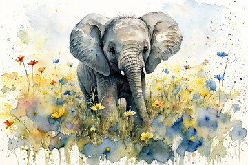 Acrylglasbilder Safari-Tiere in Aquarell Watercolor painting of a cute baby elephant on a blooming meadow. generative ai. Baby elephant. Aquarelle illustration  © Aquir