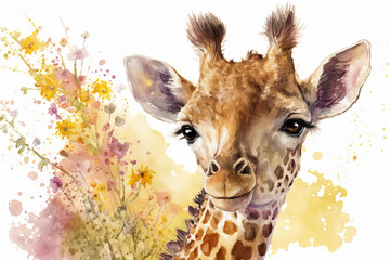 Acrylglasbilder Safari-Tiere in Aquarell Watercolor painting of a cute baby giraffe on a blooming meadow. generative ai. Baby giraffe. Aquarelle illustration  © Aquir