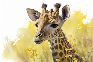 Acrylglasbilder Safari-Tiere in Aquarell Watercolor painting of a cute baby giraffe on a blooming meadow. generative ai. Baby giraffe. Aquarelle illustration  © Aquir