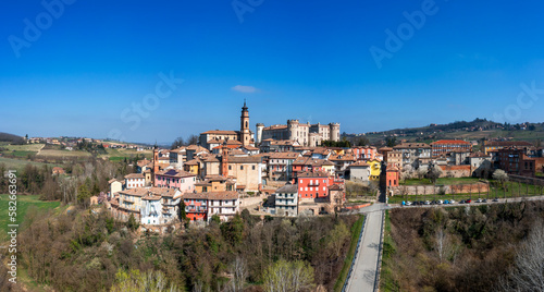 view of the picturesque village of Costigliole d'Asti in the Piedmont wine region of Italy