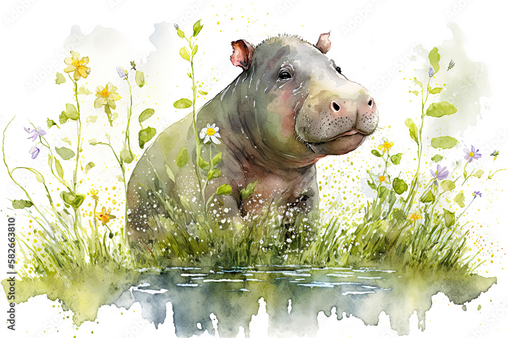 Watercolor painting of a cute baby hippo on a blooming meadow. Baby hippo. generative ai. Aquarelle illustration - obrazy, fototapety, plakaty 