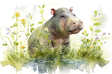 Acrylglasbilder Safari-Tiere in Aquarell Watercolor painting of a cute baby hippo on a blooming meadow. Baby hippo. generative ai. Aquarelle illustration  © Aquir