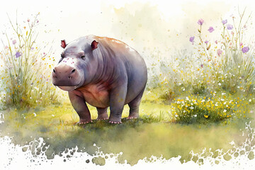 Acrylglasbilder Safari-Tiere in Aquarell Watercolor painting of a cute baby hippo on a blooming meadow. Baby hippo. generative ai. Aquarelle illustration  © Aquir