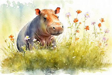 Acrylglasbilder Safari-Tiere in Aquarell Watercolor painting of a cute baby hippo on a blooming meadow. Baby hippo. generative ai. Aquarelle illustration  © Aquir