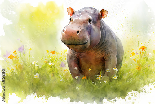 Watercolor painting of a cute baby hippo on a blooming meadow. Baby hippo. generative ai. Aquarelle illustration