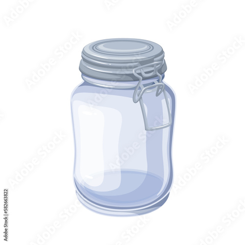 Glass bottle with lid vector illustration. Cartoon isolated empty round transparent jar with cap for food storage, closed glass container for jam and jelly, preserves and products conservation