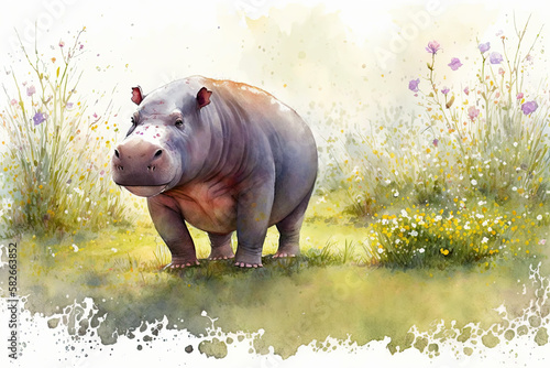 Watercolor painting of a cute baby hippo on a blooming meadow. Baby hippo. generative ai. Aquarelle illustration photo