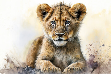 Acrylglasbilder Safari-Tiere in Aquarell Watercolor painting of a cute baby lion. generative ai. Baby lion. Aquarelle illustration  © Aquir