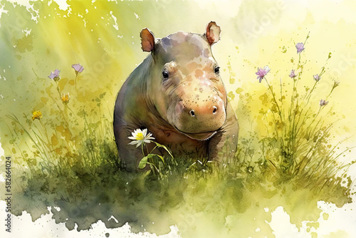 Watercolor painting of a cute baby hippo on a blooming meadow. Baby hippo. generative ai. Aquarelle illustration