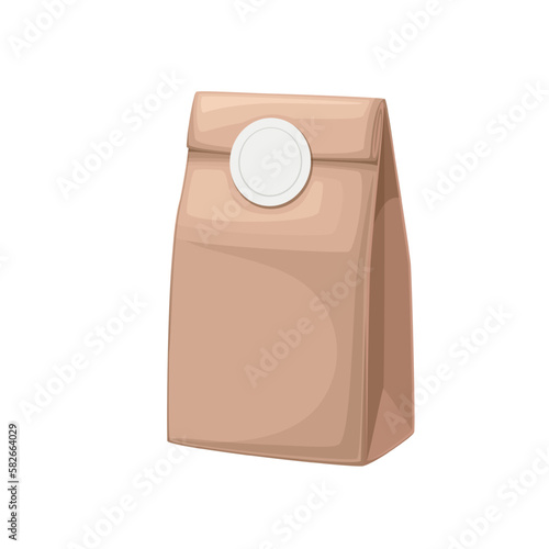 Paper bag vector illustration. Cartoon isolated cardboard square zero waste packaging closed with round label, brown craft pack for bulk products and snacks, paper package for takeaway fast food