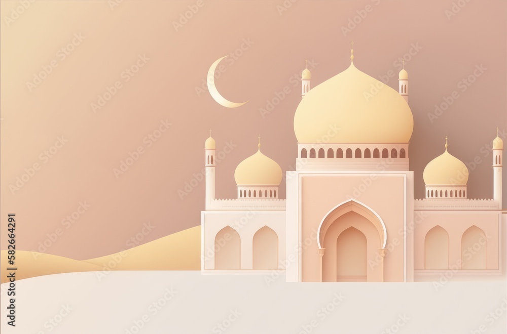 Paper art of a mosque with a crescent moon and the moon on the background. Generative AI
