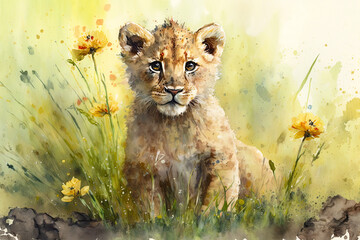 Acrylglasbilder Safari-Tiere in Aquarell Watercolor painting of a cute baby lion on a blooming meadow. Baby lion. generative ai. Aquarelle illustration  © Aquir