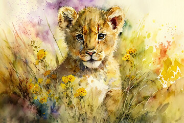 Leinwandbilder Safari-Tiere in Aquarell Watercolor painting of a cute baby lion on a blooming meadow. Baby lion. generative ai. Aquarelle illustration  © Aquir