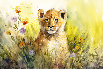 Acrylglasbilder Safari-Tiere in Aquarell Watercolor painting of a cute baby lion on a blooming meadow. Baby lion. generative ai. Aquarelle illustration  © Aquir