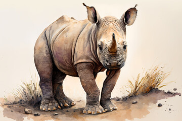 Acrylglasbilder Safari-Tiere in Aquarell Watercolor painting of a cute baby rhino. generative ai. Baby rhino. Aquarelle illustration  © Aquir
