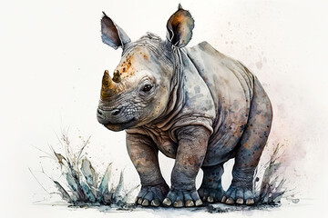Acrylglasbilder Safari-Tiere in Aquarell Watercolor painting of a cute baby rhino. generative ai. Baby rhino. Aquarelle illustration  © Aquir
