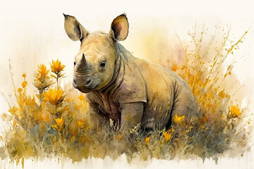Acrylglasbilder Safari-Tiere in Aquarell Watercolor painting of a cute baby rhino on a blooming meadow. Baby rhino. generative ai. Aquarelle illustration  © Aquir