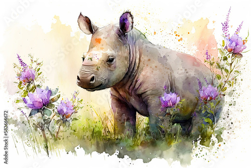 Watercolor painting of a cute baby rhino on a blooming meadow. Baby rhino. generative ai. Aquarelle illustration