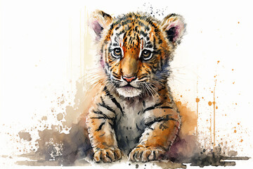 Leinwandbilder Safari-Tiere in Aquarell Watercolor painting of a cute baby tiger. Baby tiger. generative ai. Aquarelle illustration  © Aquir