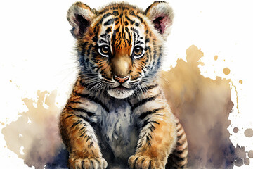Acrylglasbilder Safari-Tiere in Aquarell Watercolor painting of a cute baby tiger. Baby tiger. generative ai. Aquarelle illustration  © Aquir
