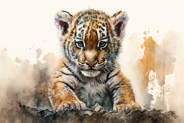 Acrylglasbilder Safari-Tiere in Aquarell Watercolor painting of a cute baby tiger. Baby tiger. generative ai. Aquarelle illustration  © Aquir