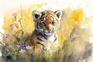 Acrylglasbilder Safari-Tiere in Aquarell Watercolor painting of a cute baby tiger on a blooming meadow. Baby tiger. generative ai. Aquarelle illustration  © Aquir
