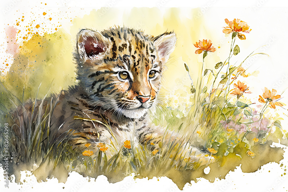 Watercolor painting of a cute baby tiger on a blooming meadow. Baby ...