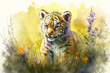 Acrylglasbilder Safari-Tiere in Aquarell Watercolor painting of a cute baby tiger on a blooming meadow. Baby tiger. generative ai. Aquarelle illustration  © Aquir