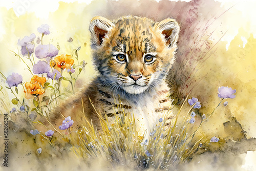 Watercolor painting of a cute baby tiger on a blooming meadow. Baby tiger. generative ai. Aquarelle illustration