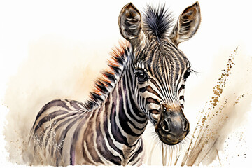 Leinwandbilder Safari-Tiere in Aquarell Watercolor painting of a cute baby zebra. Baby zebra. generative ai. Aquarelle illustration  © Aquir