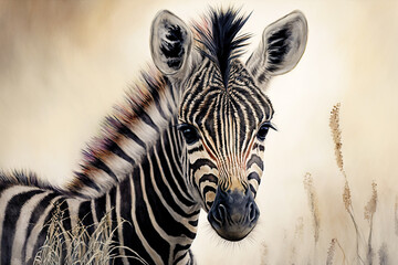 Acrylglasbilder Safari-Tiere in Aquarell Watercolor painting of a cute baby zebra. Baby zebra. generative ai. Aquarelle illustration  © Aquir