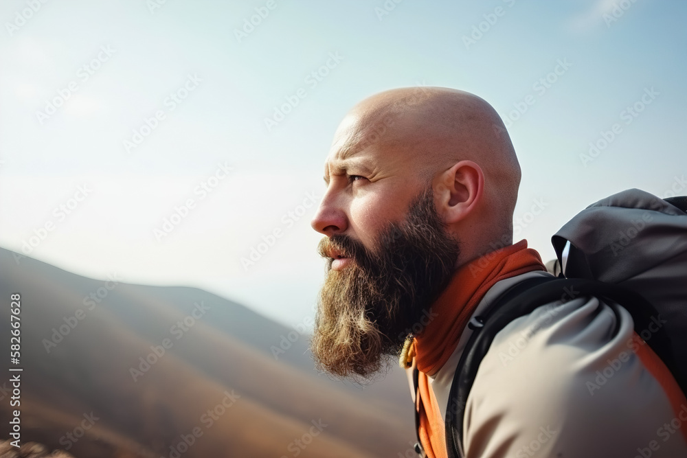 Naklejka premium Mountain hiking, A bald man with a beard climbs a mountain trail equipped with a backpack. Copy space. Generative ai
