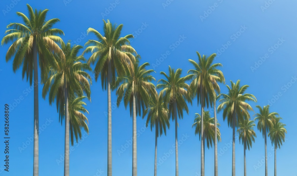  a row of palm trees with a blue sky in the background.  generative ai