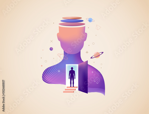 Psychology, Dream, Mental Health concept illustration. Brain, neuroscience and creative mind poster, cover