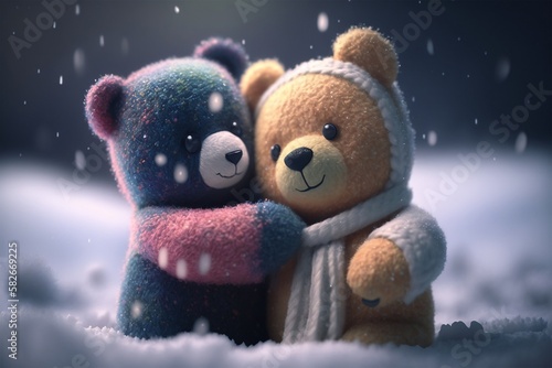 Two cute teddy bears are playing in the snow. Generative ai