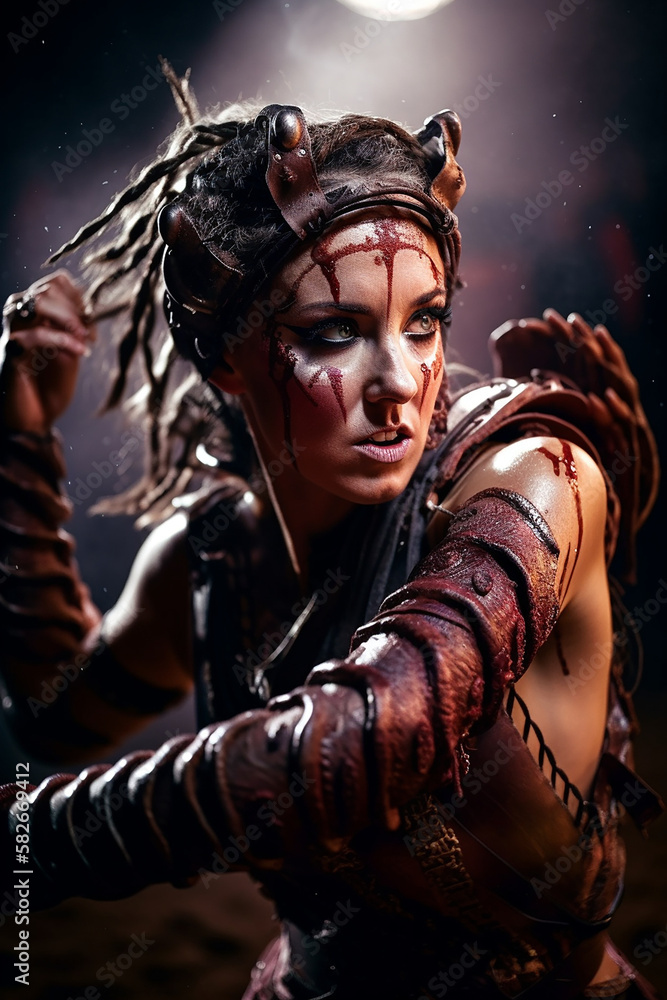 Portrait of an ancient young female warrior with brunette hair, metal and leather armor stained with mud and blood. Fantasy wallpaper, cover design and poster created with Generative AI