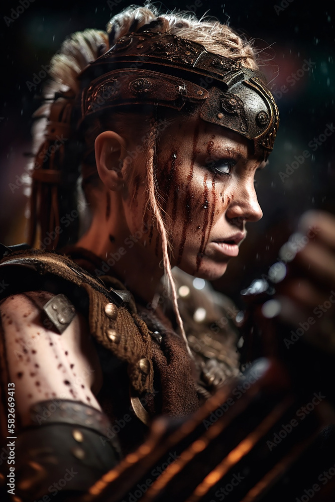 Close up Portrait of an ancient young female warrior with blonde hair, metal and leather armor stained with mud and blood. Fantasy wallpaper, cover design and poster created with Generative AI Close up Portrait of an ancient young female warrior with blonde hair, metal and leather armor stained with mud and blood. Fantasy wallpaper, cover design and poster created with Generative AI