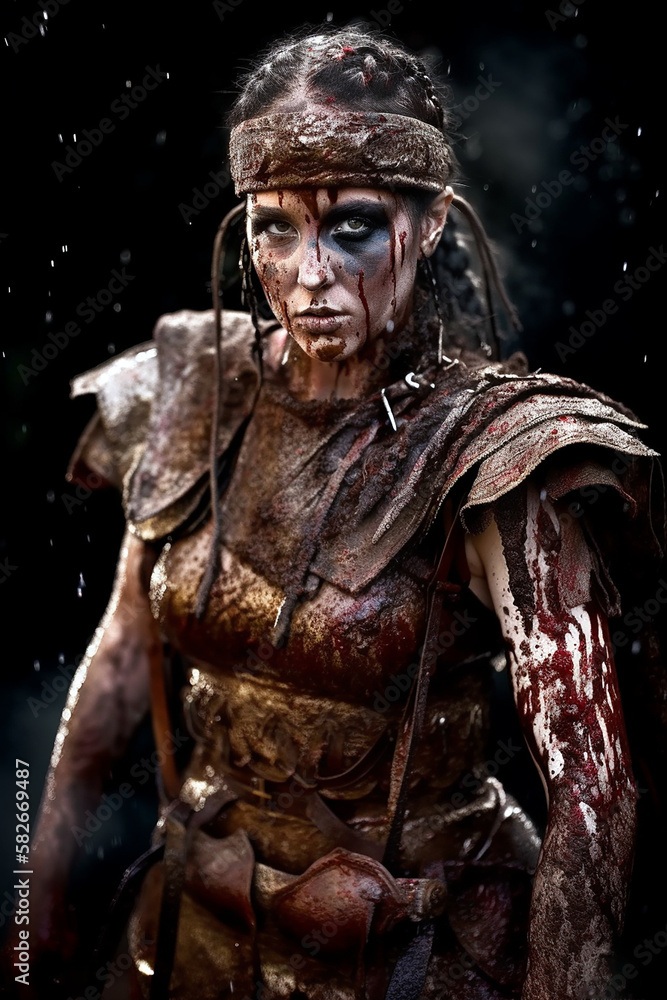 Portrait of an ancient young female spartian warrior with brunette hair, metal and leather armor stained with mud and blood. Fantasy wallpaper, cover design and poster created with Generative AI